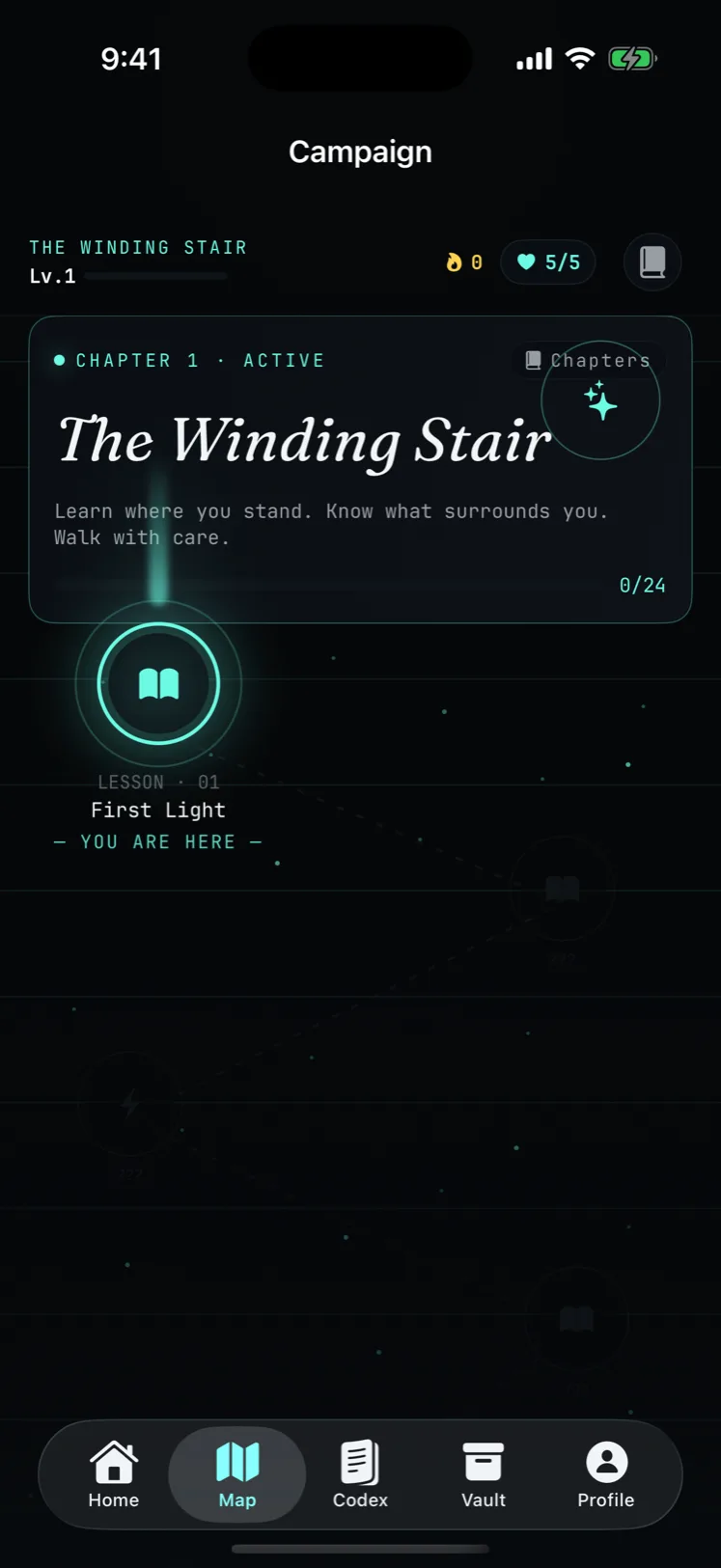 Shell Atlas campaign map showing the active chapter "The Winding Stair" with lesson nodes spread across the night sky.