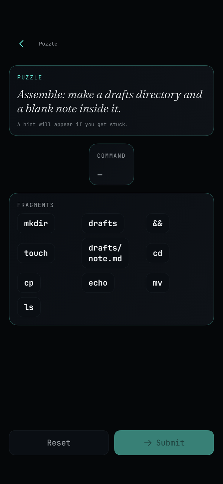 Shell Atlas puzzle screen with terminal-style prompt and answer controls.