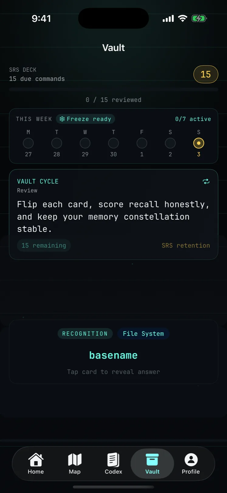 Shell Atlas Vault spaced-repetition deck with daily review cycle, weekly streak ring, and a flip-to-reveal card.