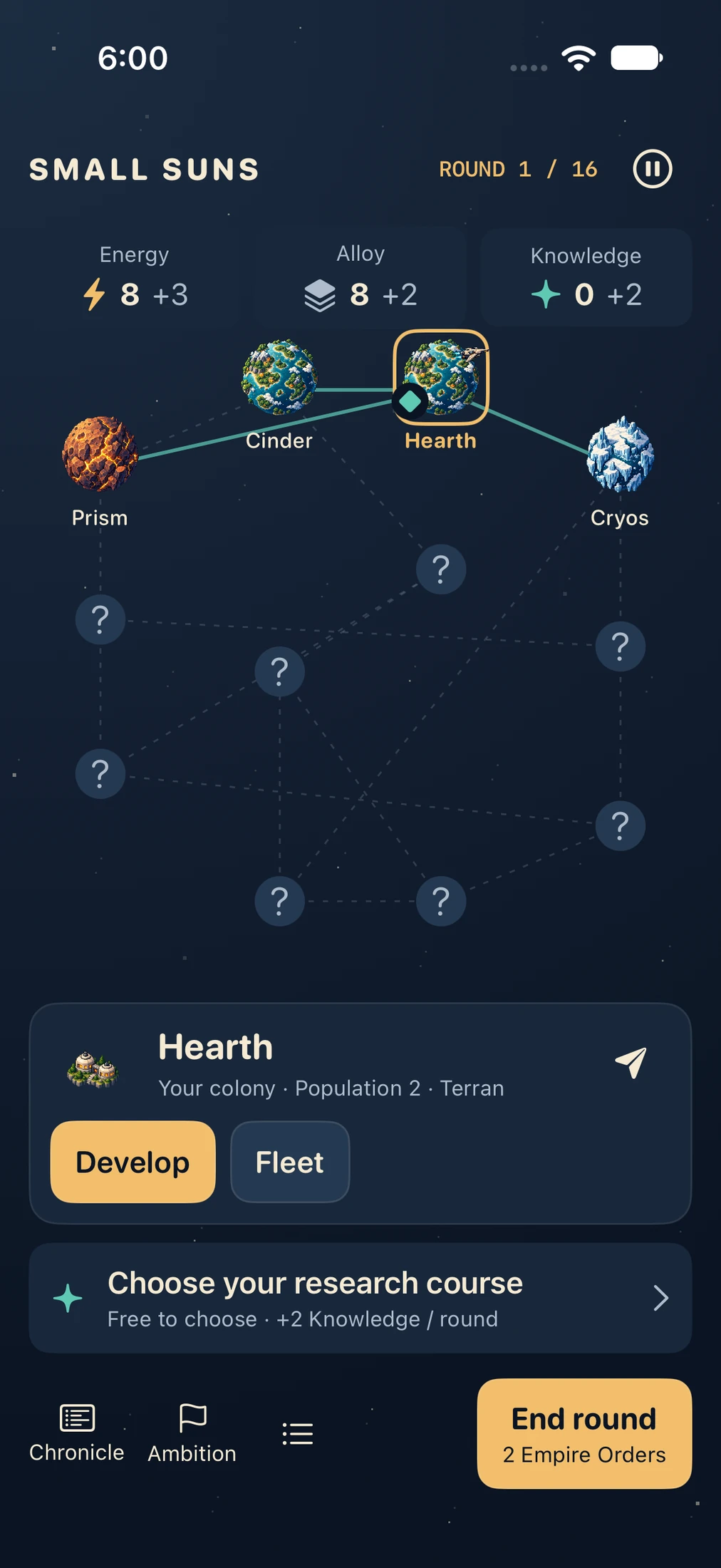 Small Suns pixel-art map with twelve connected locations, resource stocks, colony actions and End round.
