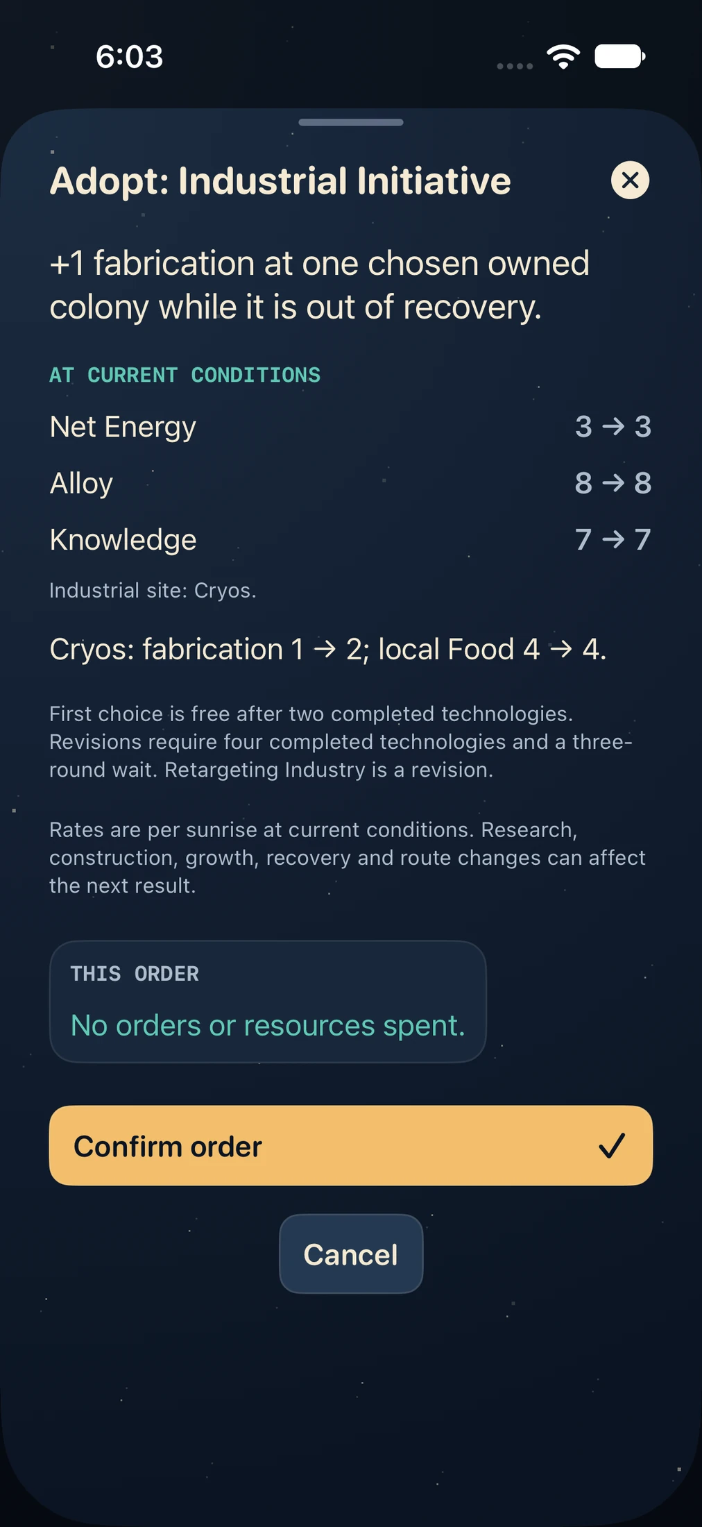 Small Suns Industrial Initiative charter preview showing colony effects, free first adoption and confirmation.