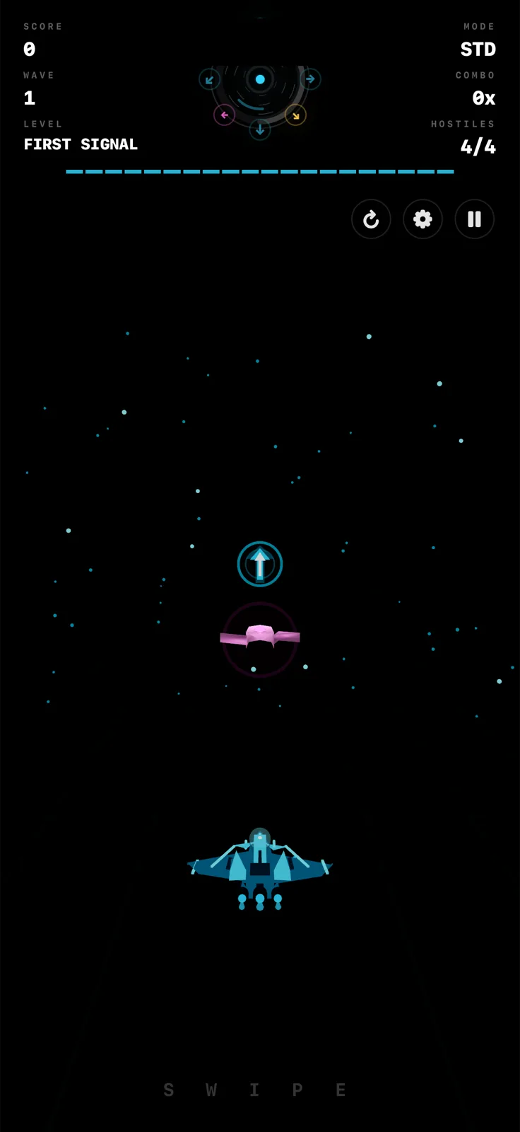 Swipe wave-one gameplay screen with rhythm targets, ship HUD, and combat effects.