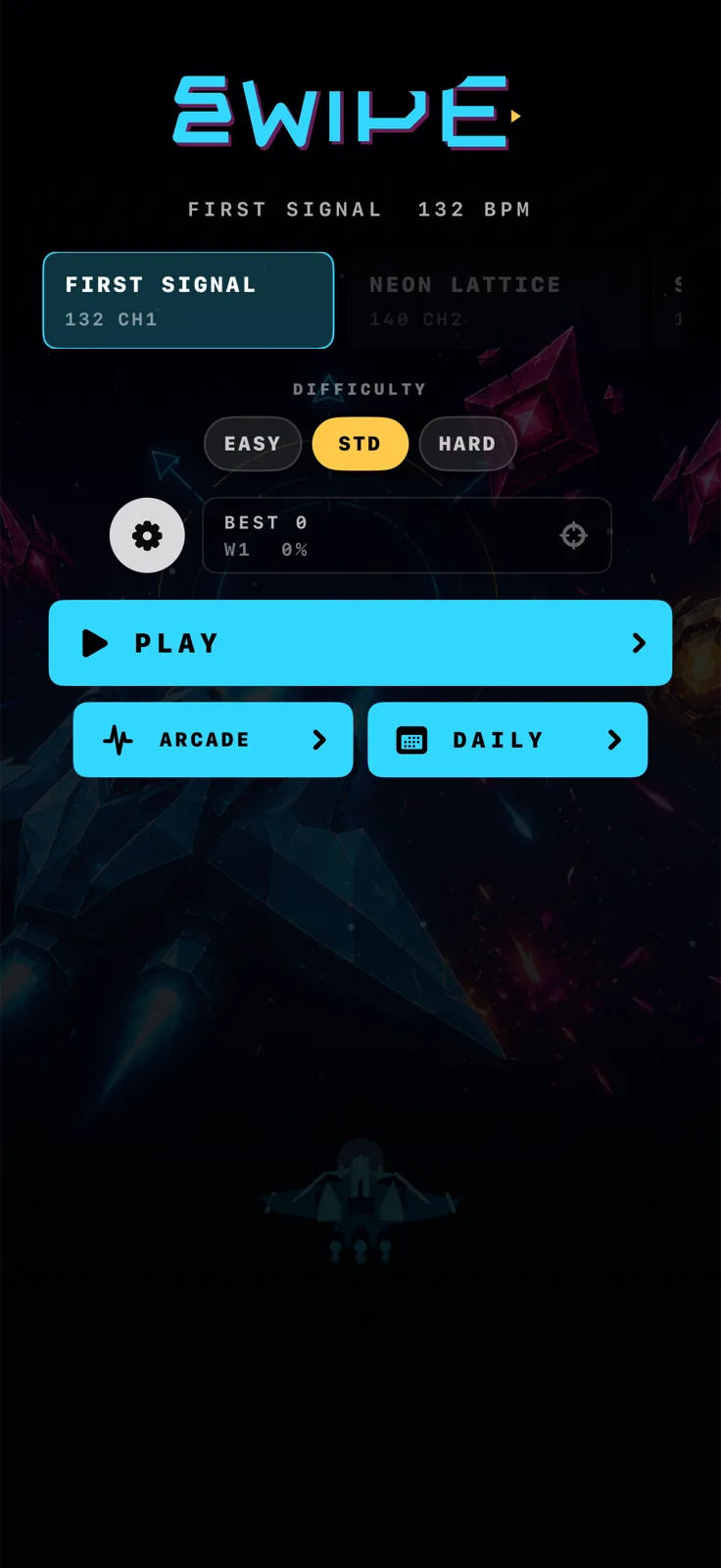 Swipe main menu with space-combat key art and arcade run controls.