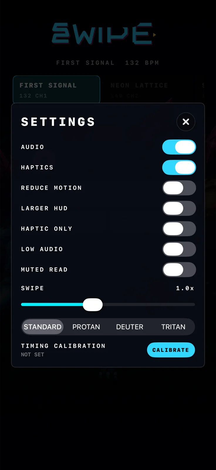 Swipe settings screen with arcade control and accessibility options.