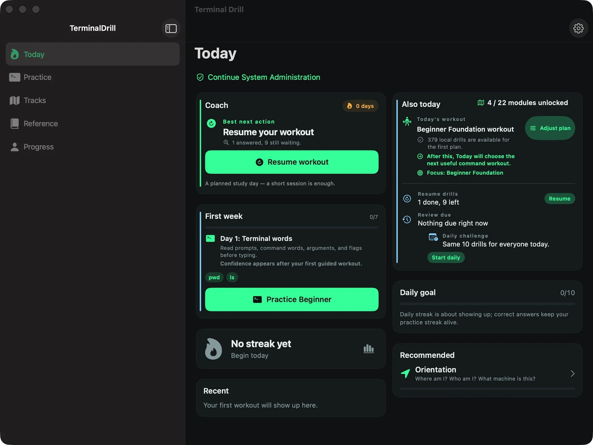The new Mac sidebar and daily practice screen. Captured 28 September 2026.