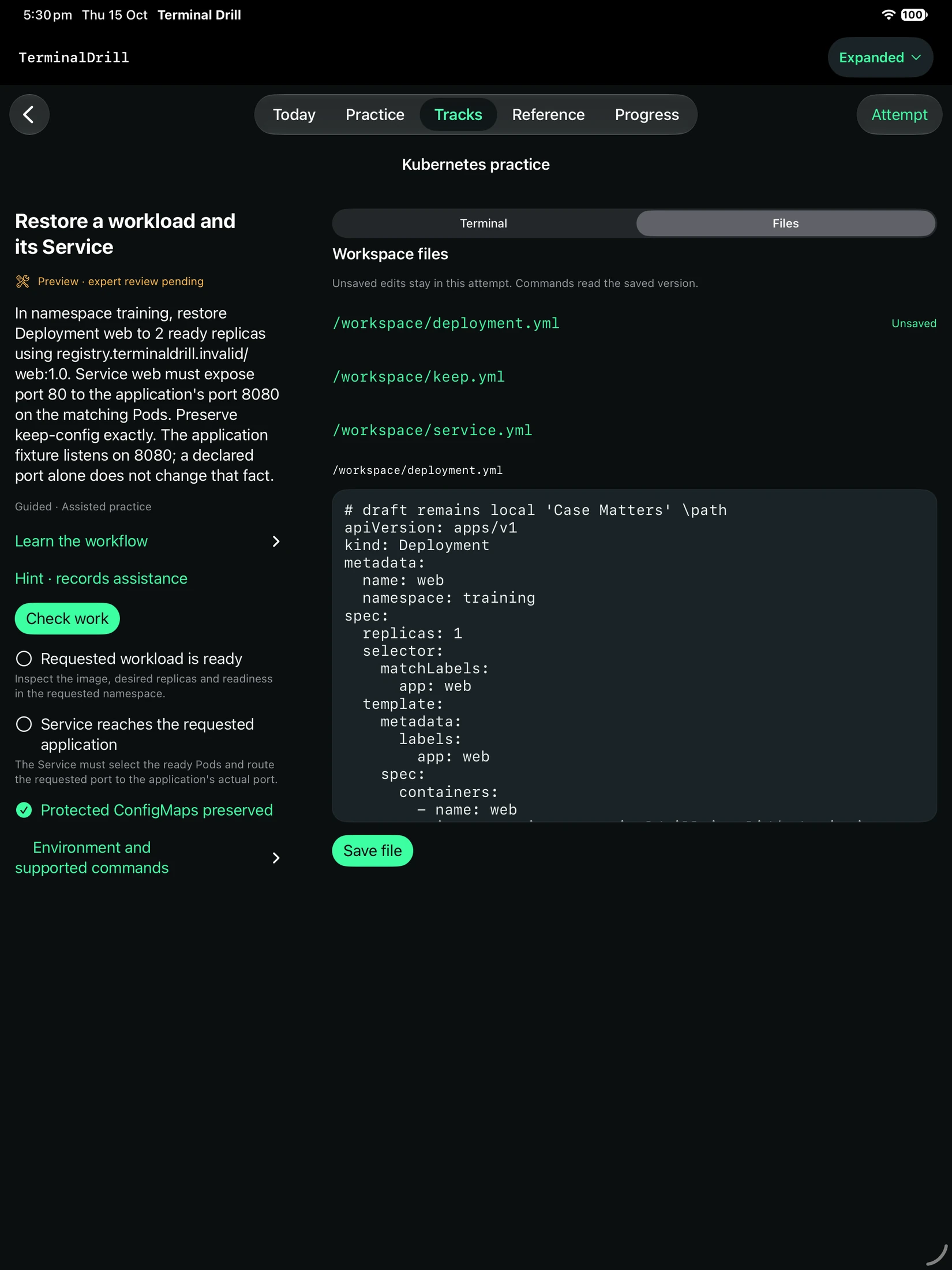 TerminalDrill Expanded workspace on iPad, with a simulated Kubernetes repair task beside an editable deployment file and an expert-review-pending label.