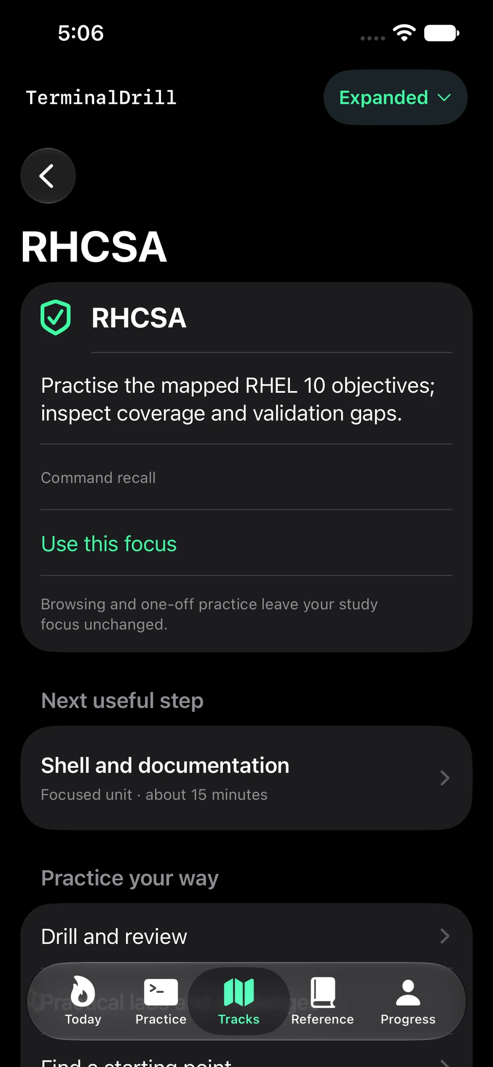 TerminalDrill Expanded RHCSA page on iPhone with Use this focus, mapped practice and explicit coverage-gap wording.