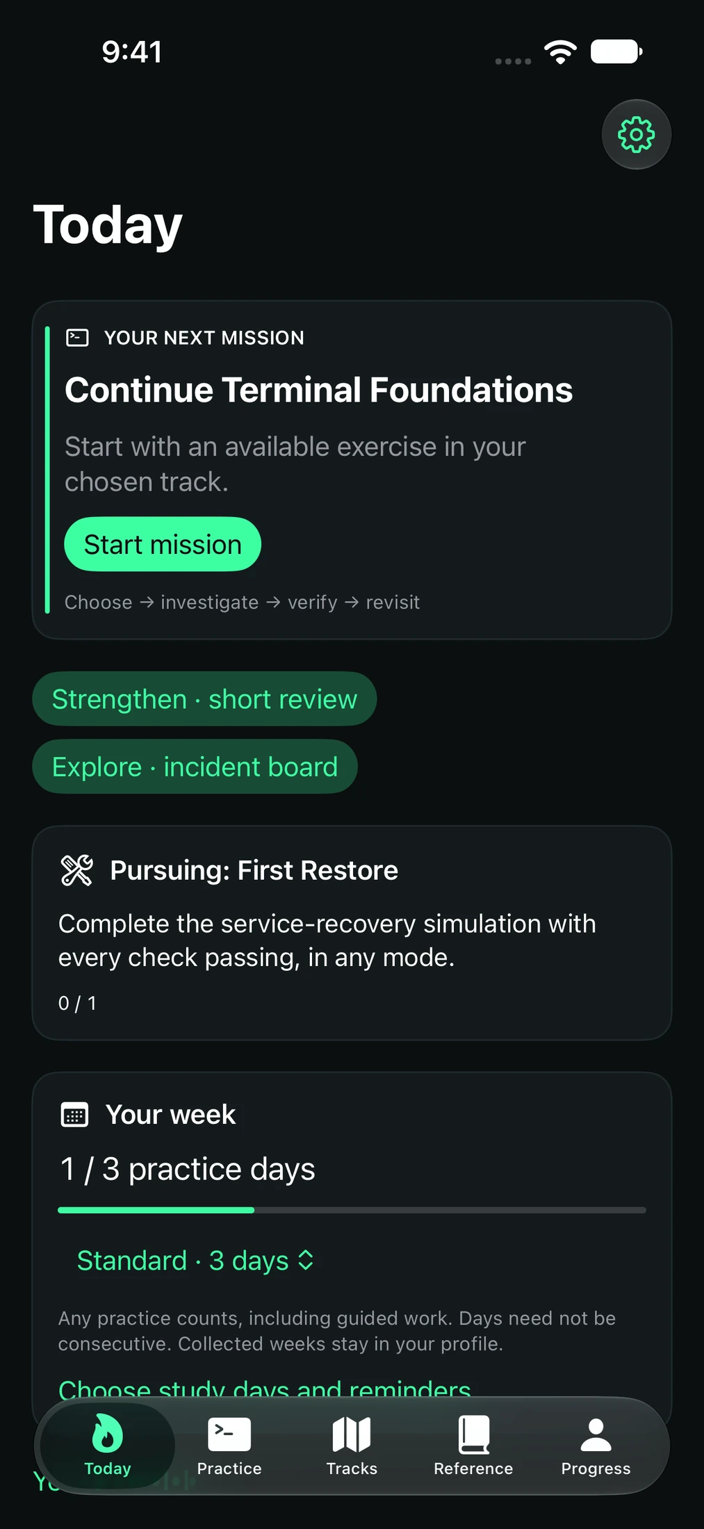 TerminalDrill Adventure Today screen with a next mission, short review, incident board and flexible weekly goal.