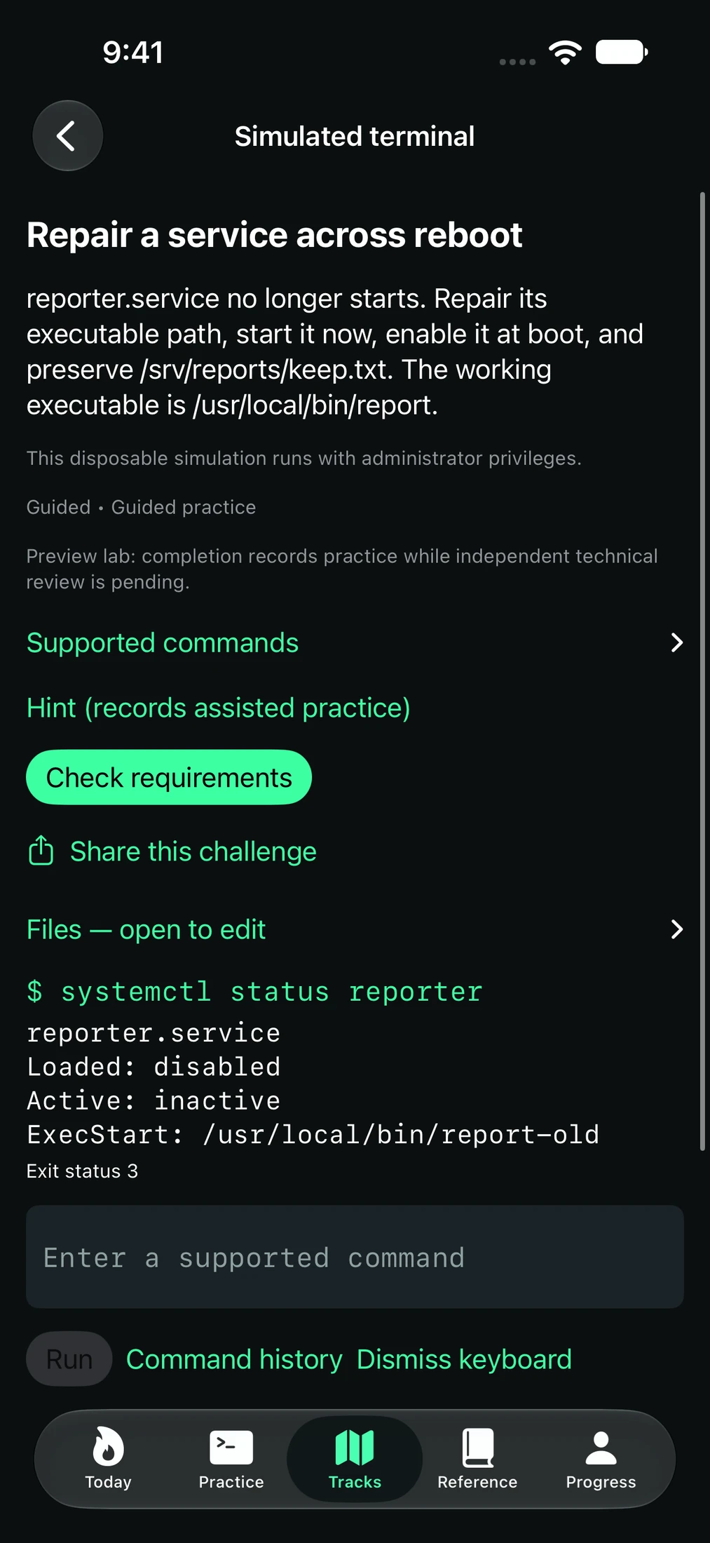 TerminalDrill simulated service-repair lab with objective, preview label, terminal output and command input.