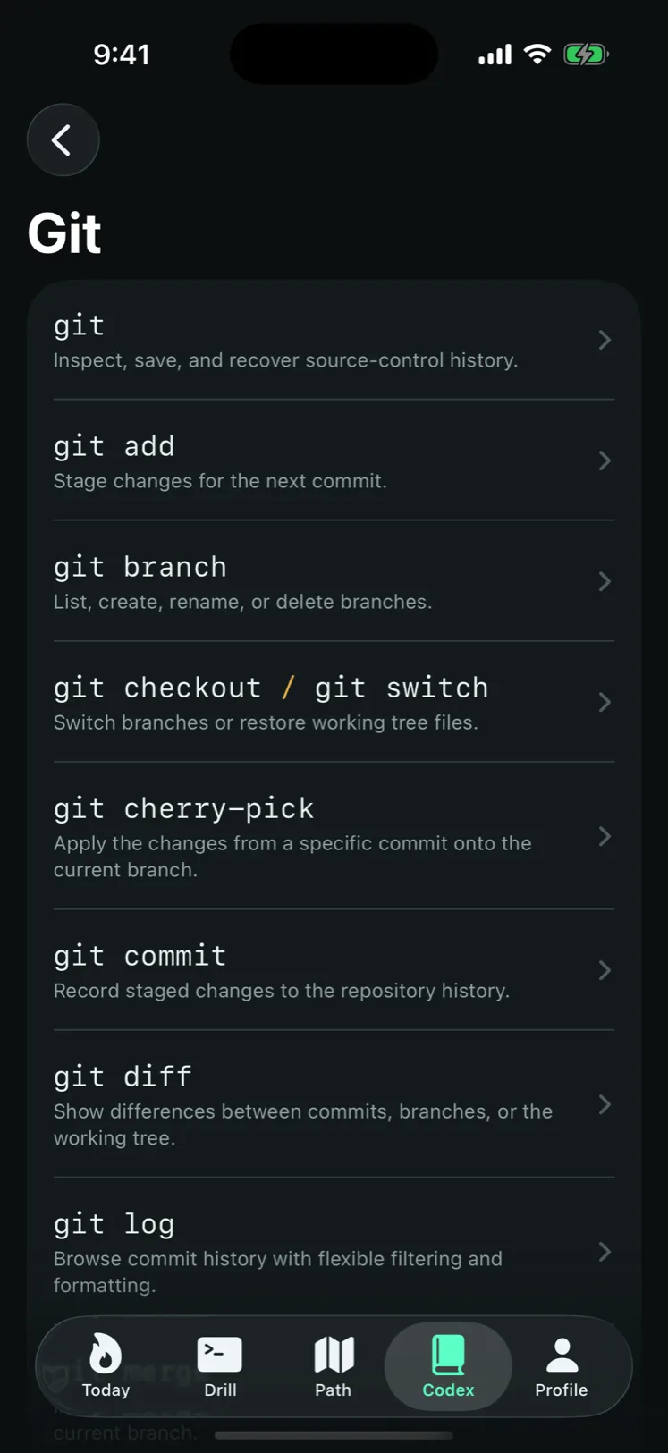 Terminal Drill Codex — Git module page listing git, git add, git branch, git checkout, git cherry-pick, git commit, git diff, and git log.