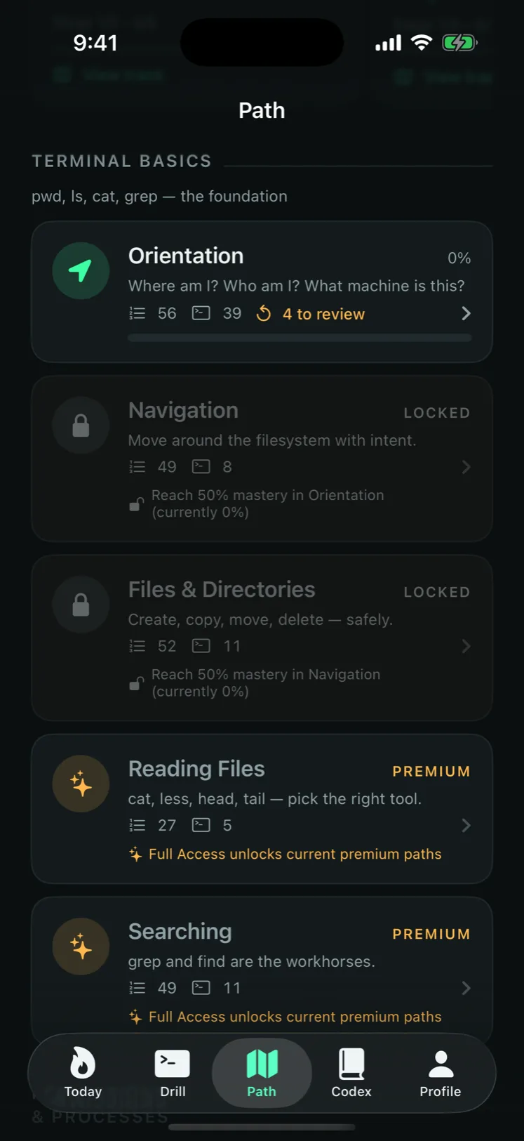 Terminal Drill Path — Terminal Basics curriculum with Orientation in progress and Navigation, Files & Directories, Reading Files, and Searching gated by mastery.