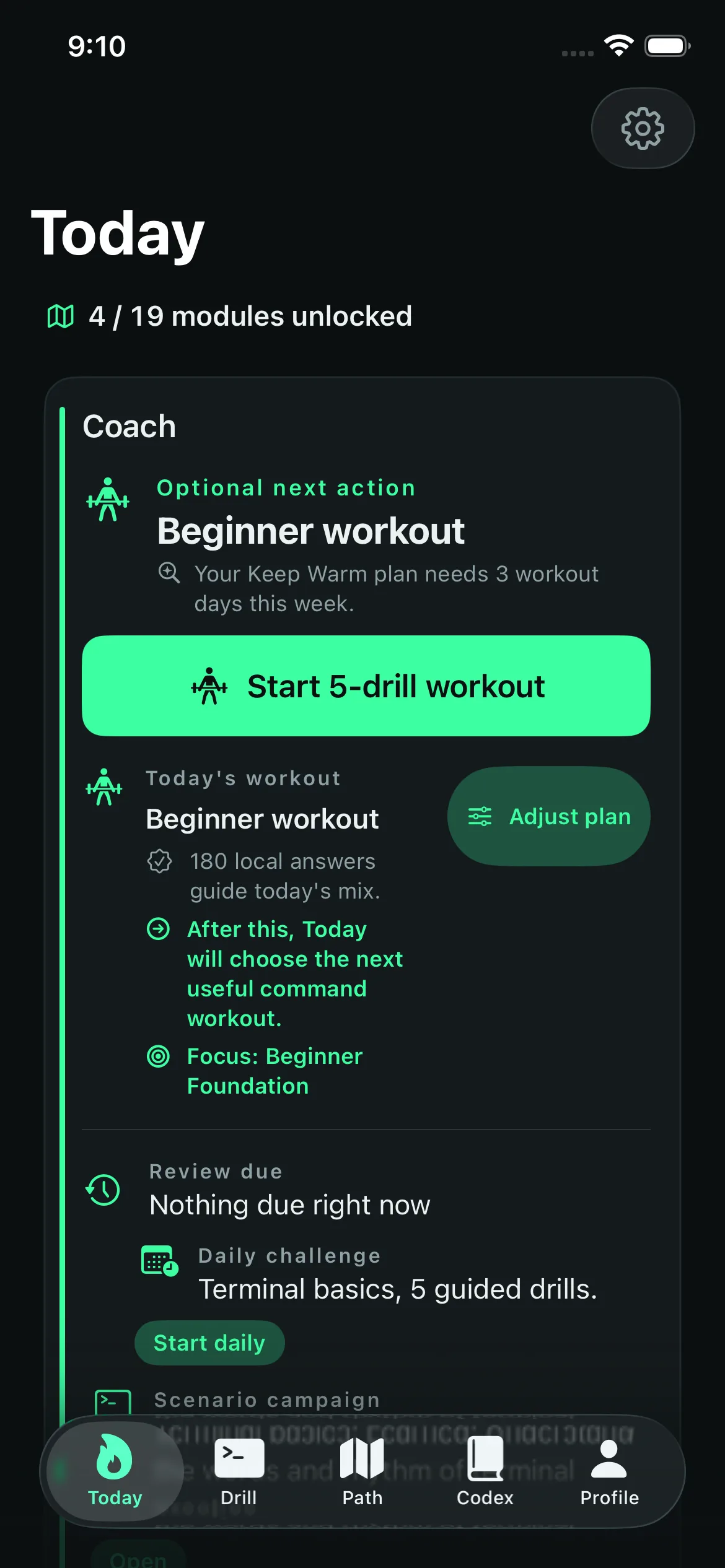 Terminal Drill Today tab with daily practice, streak, coach panel, and review-first next action.