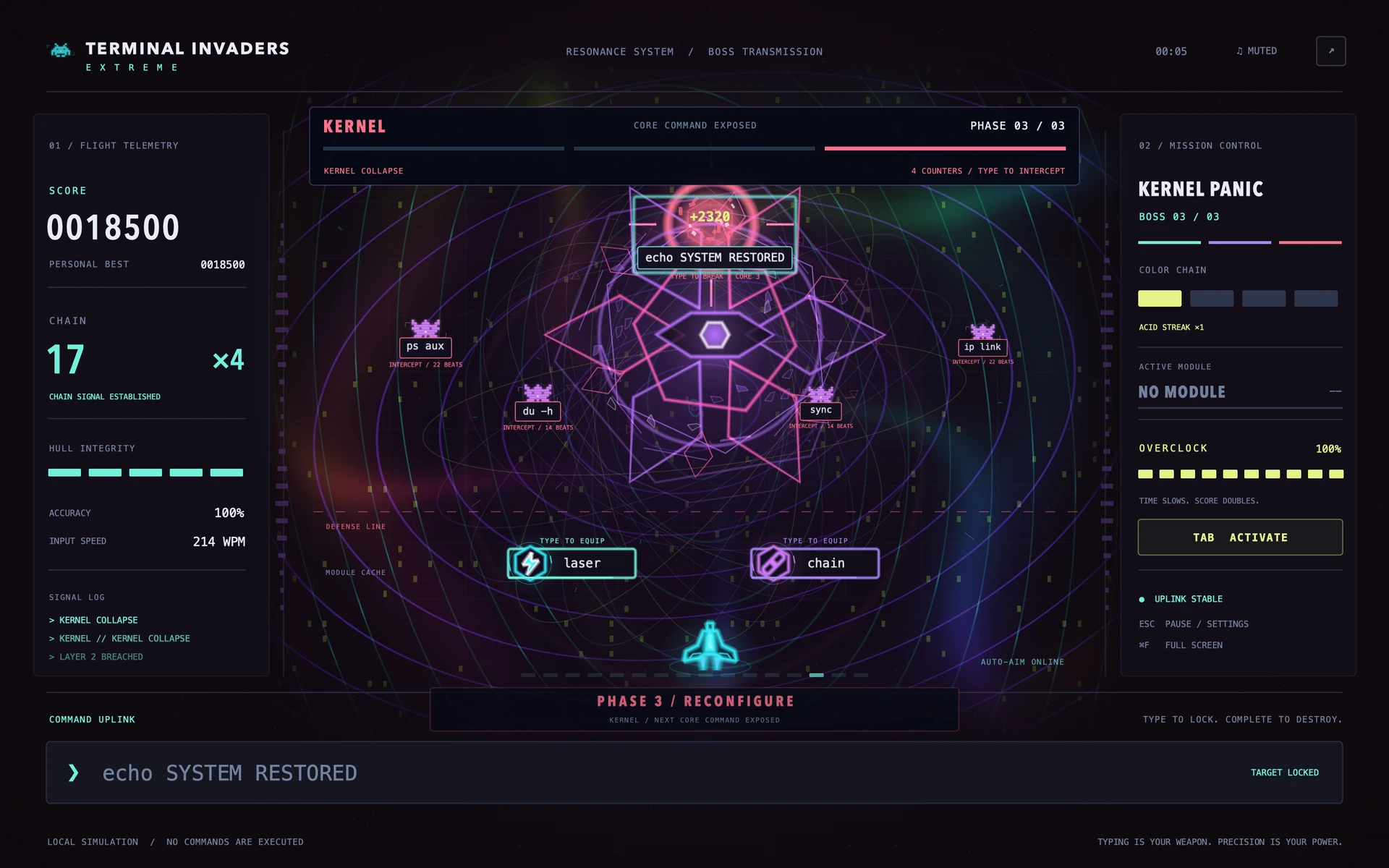 Terminal Invaders’ Kernel boss in phase three, surrounded by Linux counter-command targets, geometric neon patterns and typed power-ups.