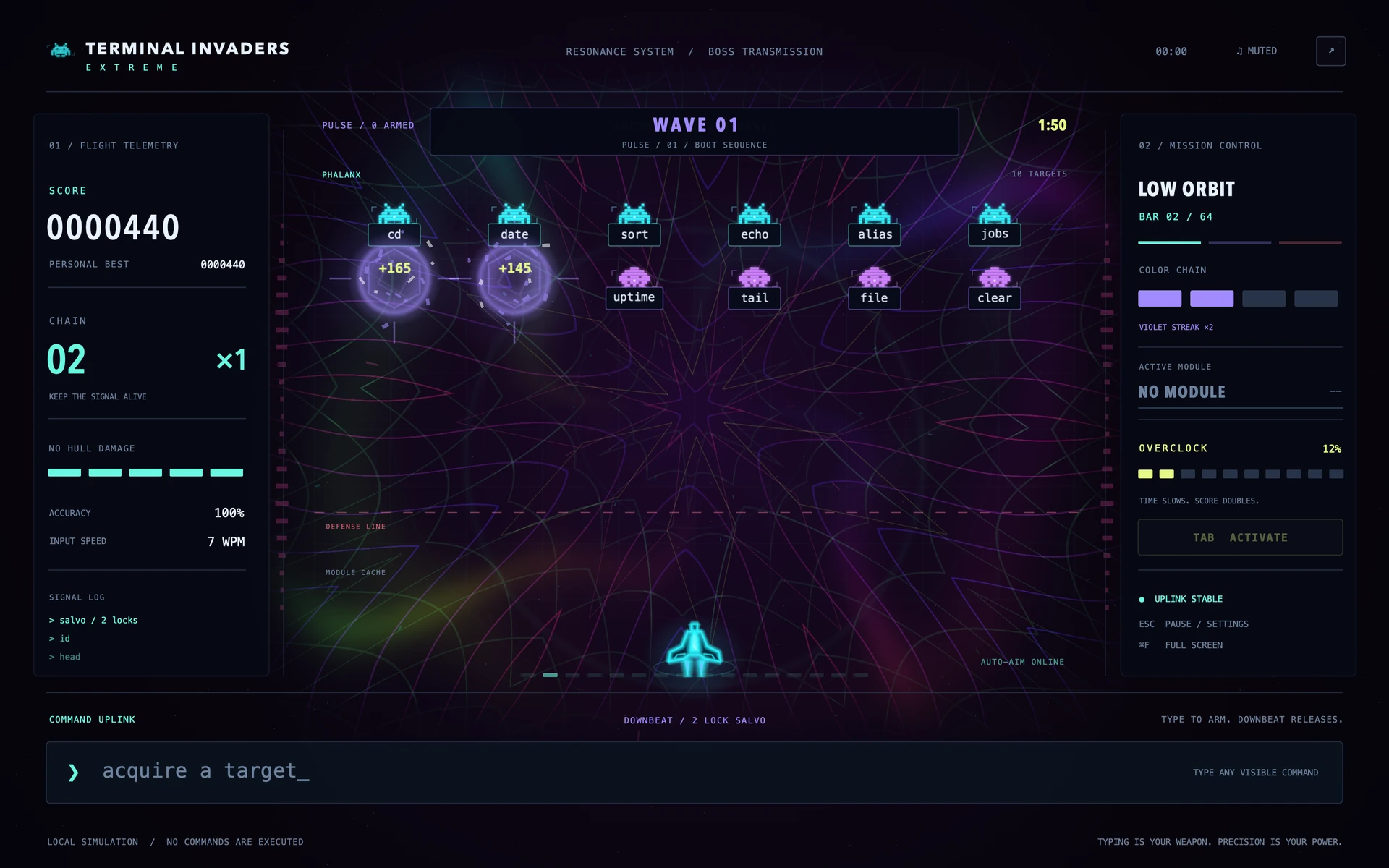 Terminal Invaders Pulse mode with two command eliminations landing together over violet geometric lines and remaining command targets.