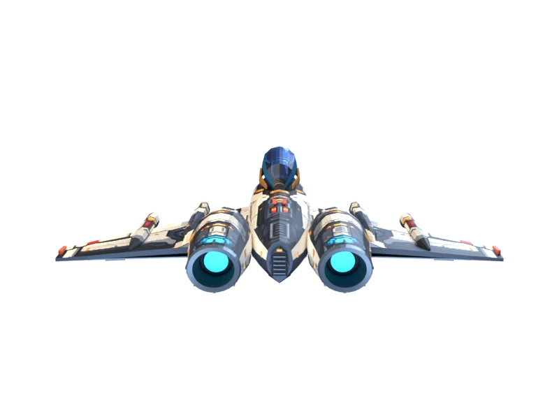 A Blender render of Vector from behind, showing a solid hull, rear engines and the ship’s wings.
