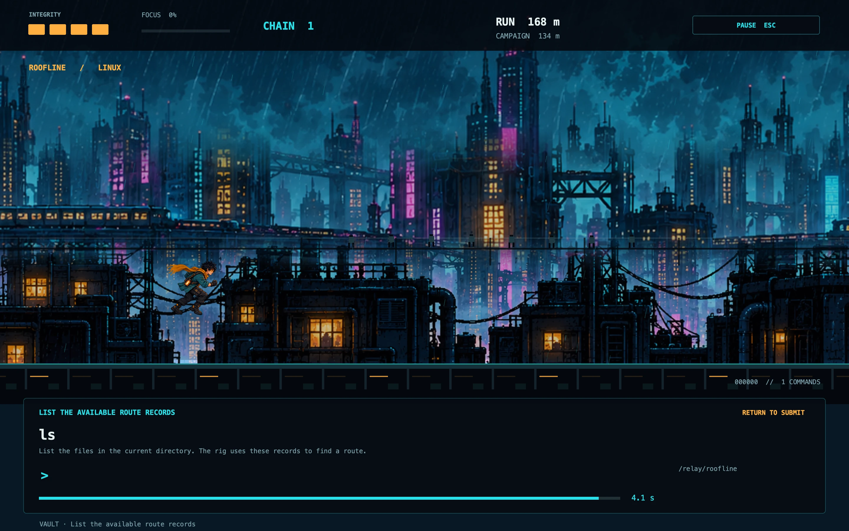 Patch runs above Meridian’s rooftops with an amber data vial, a command prompt and the native game HUD.
