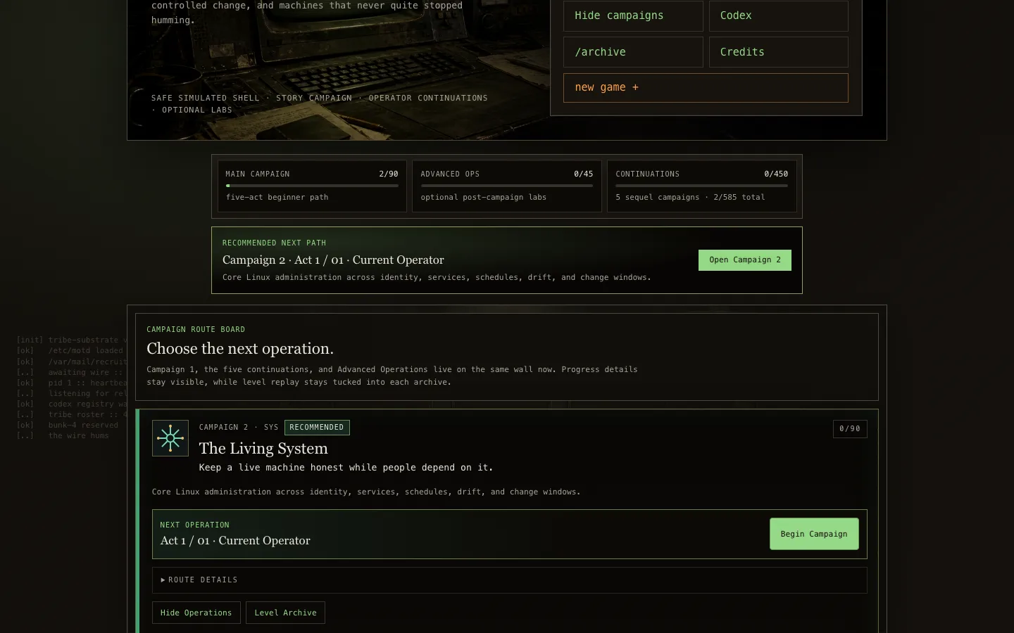 Terminal Tribe Steam campaign navigator showing desktop campaign selection.