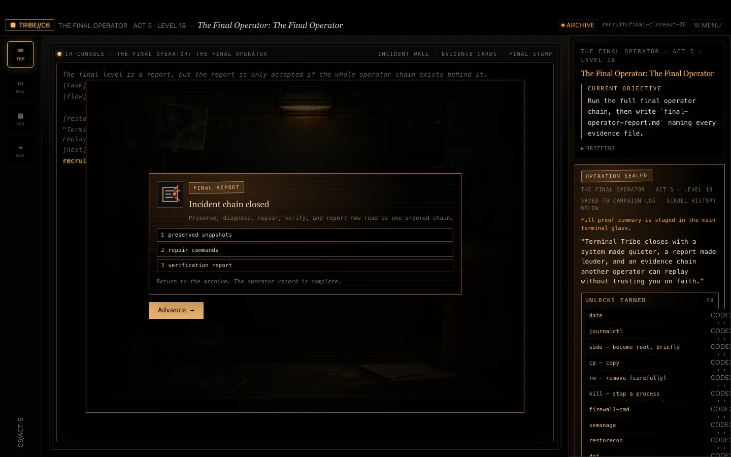 Terminal Tribe Steam capstone screen with advanced command-line challenge context.