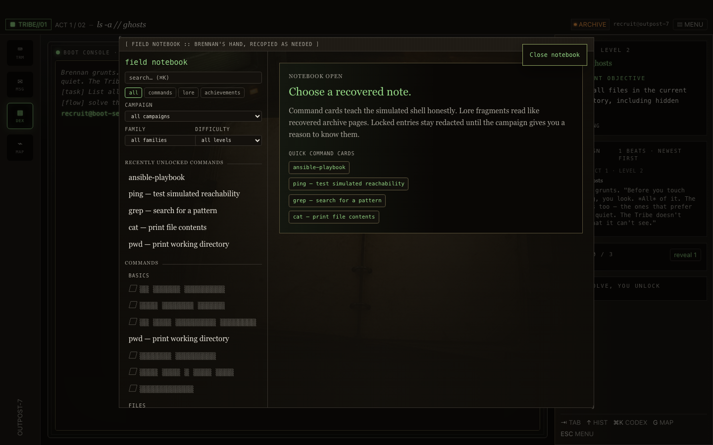 Terminal Tribe Steam codex screen for command reference and learning support.