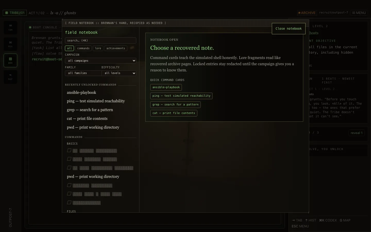 Terminal Tribe Steam codex screen for command reference and learning support.