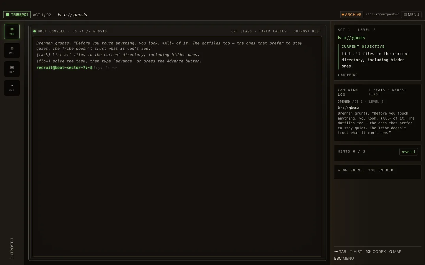 Terminal Tribe Steam desktop gameplay screen with terminal, objective, story, and command feedback.