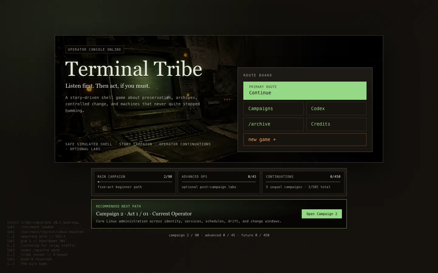 Terminal Tribe Steam desktop title menu with remaster-style campaign presentation.