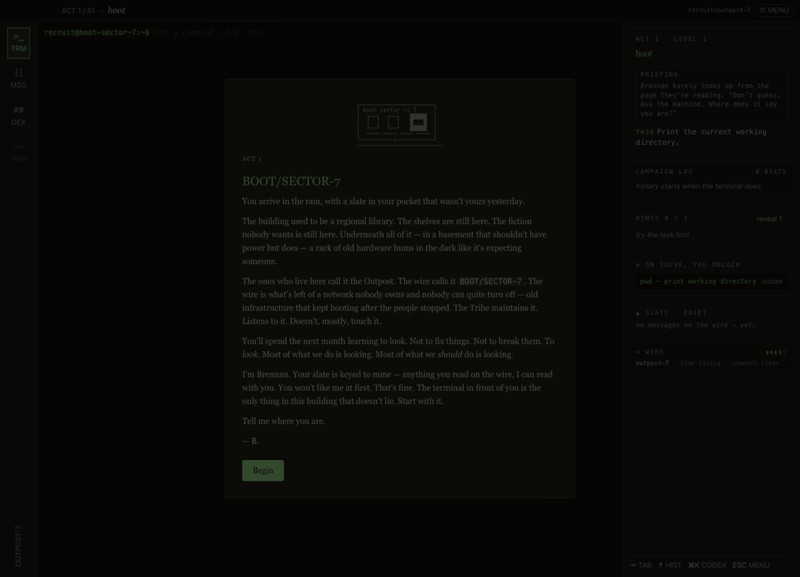 Terminal Tribe act intro modal over the campaign shell.