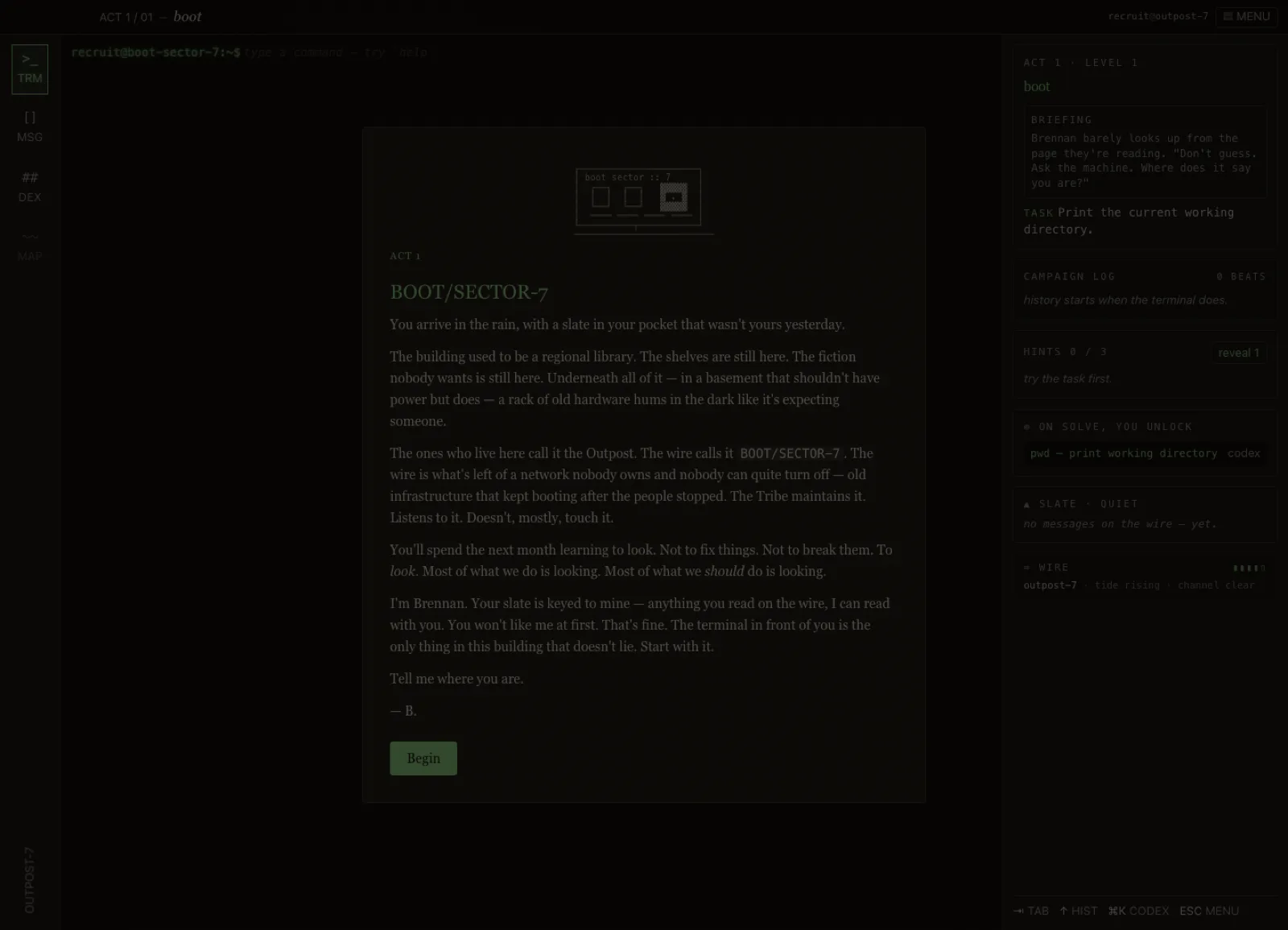 Terminal Tribe act intro modal over the campaign shell.