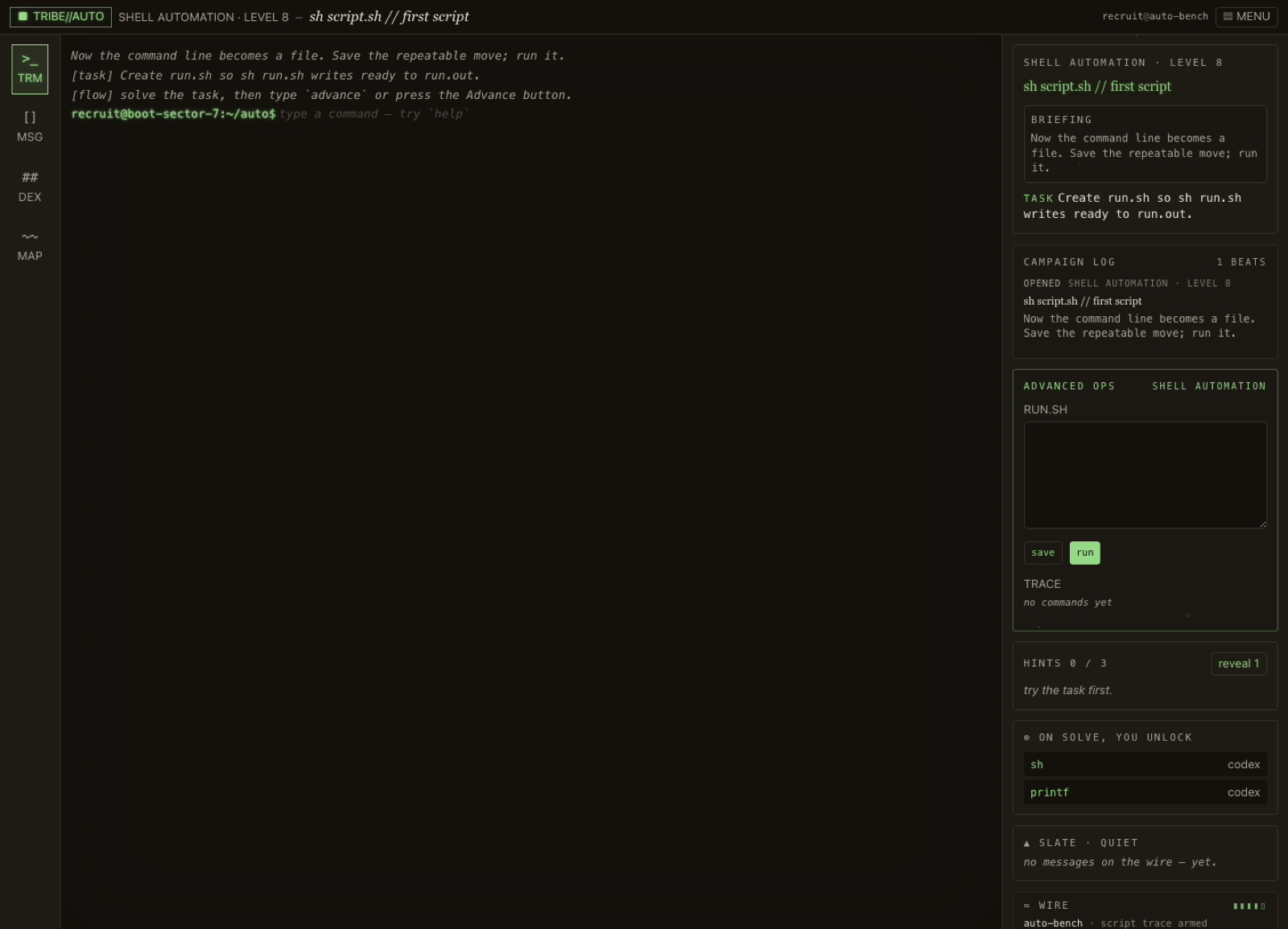 Terminal Tribe advanced operations level with shell automation editor and command trace.