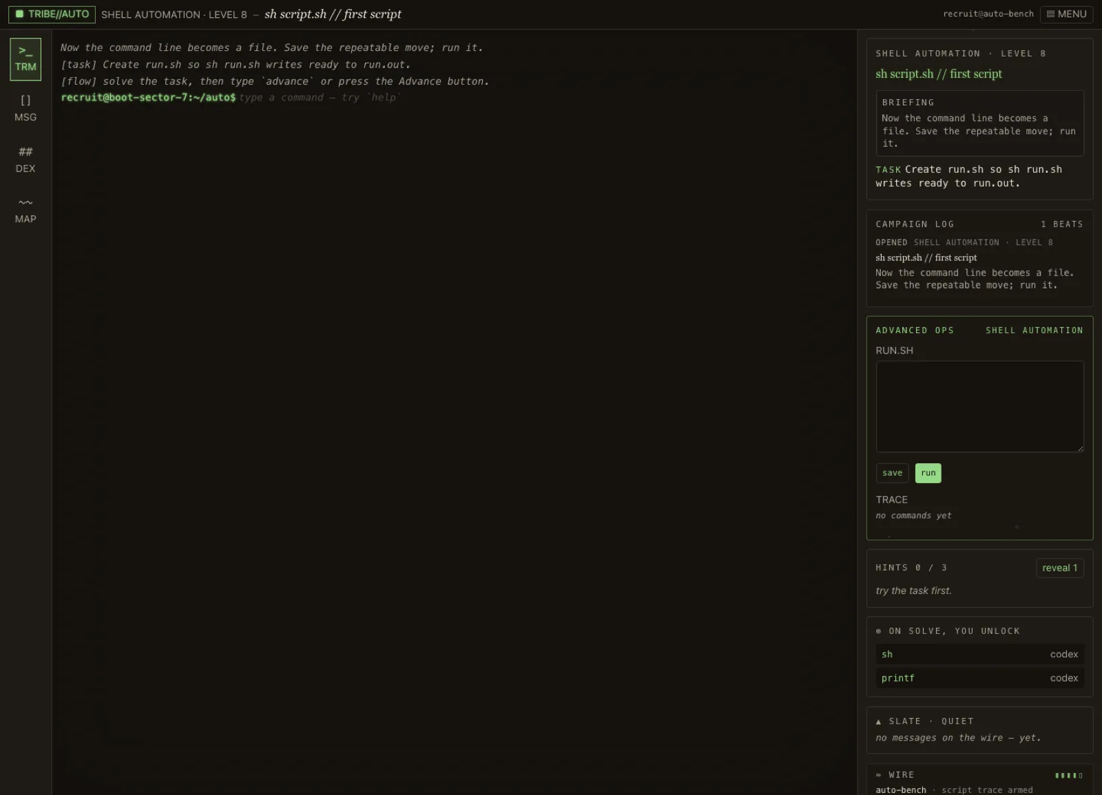 Terminal Tribe advanced operations level with shell automation editor and command trace.