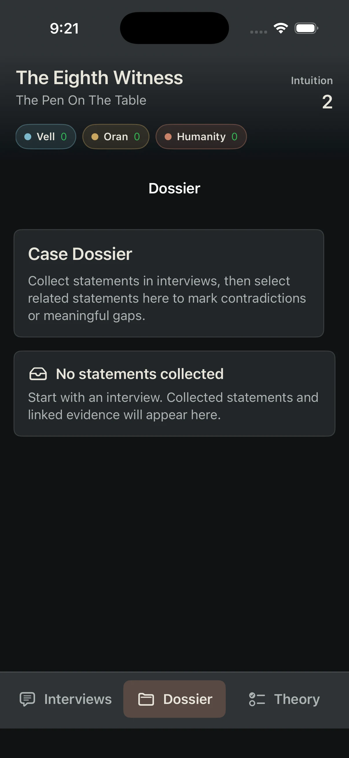 The Eighth Witness dossier screen explaining collected statements and linked evidence.