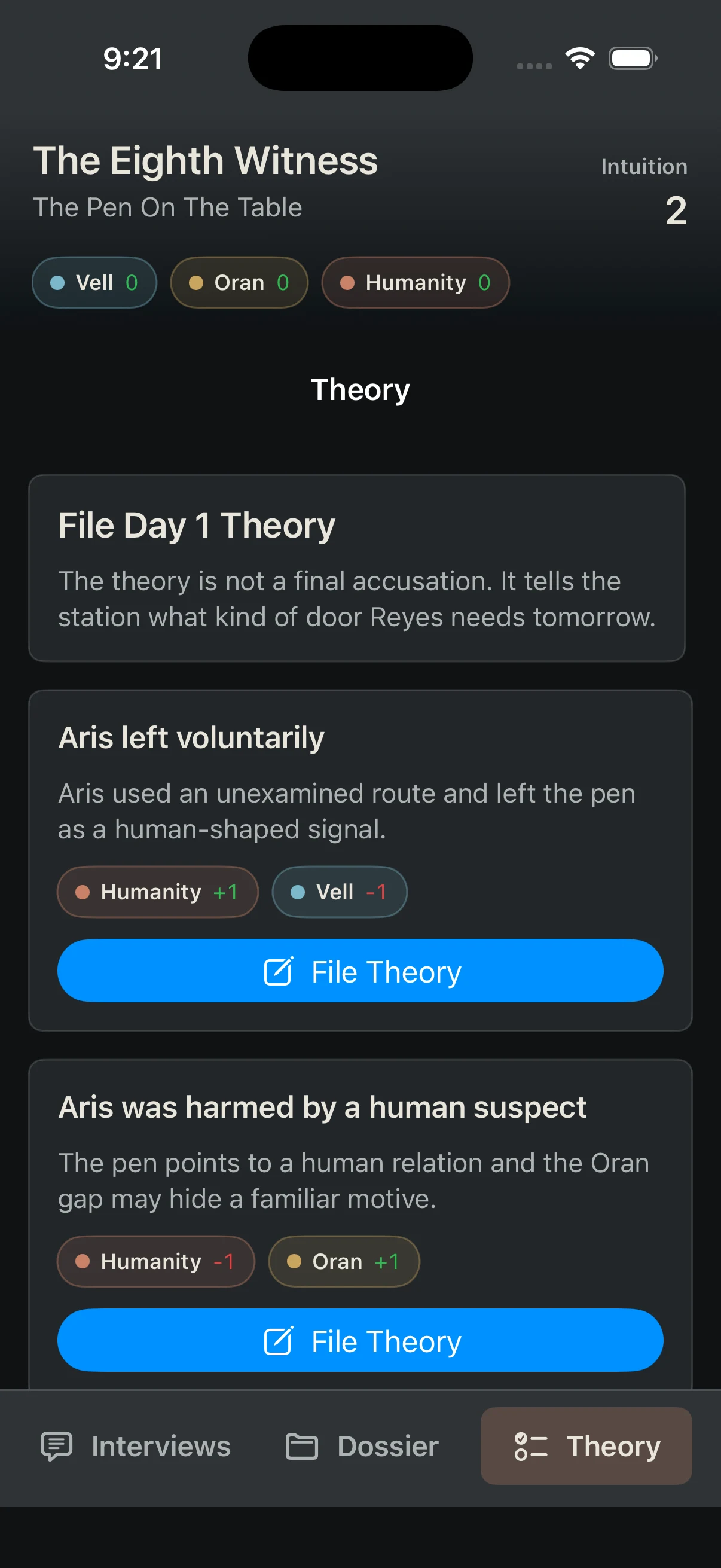 The Eighth Witness theory filing screen with possible Day 1 theories and faction impact.