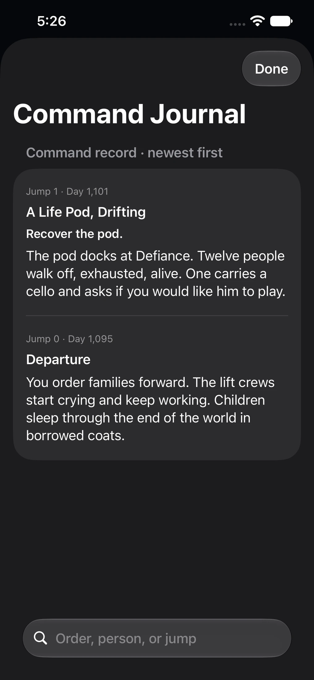 The Long Retreat Command Journal showing the recorded life-pod rescue and the departure order, with a search field for an order, person or jump.