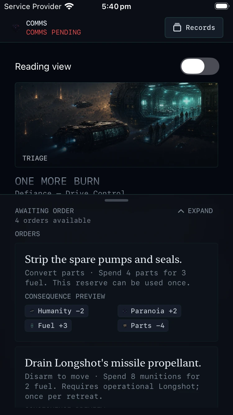 The Long Retreat’s fuel emergency on a small iPhone: strip spare pumps for fuel or convert missile propellant, with exact consequences shown.