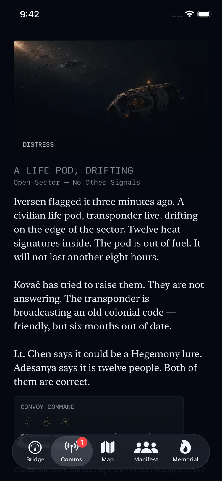 The Long Retreat — incoming distress transmission. A drifting civilian life pod with twelve heat signatures and an out-of-date colonial transponder.