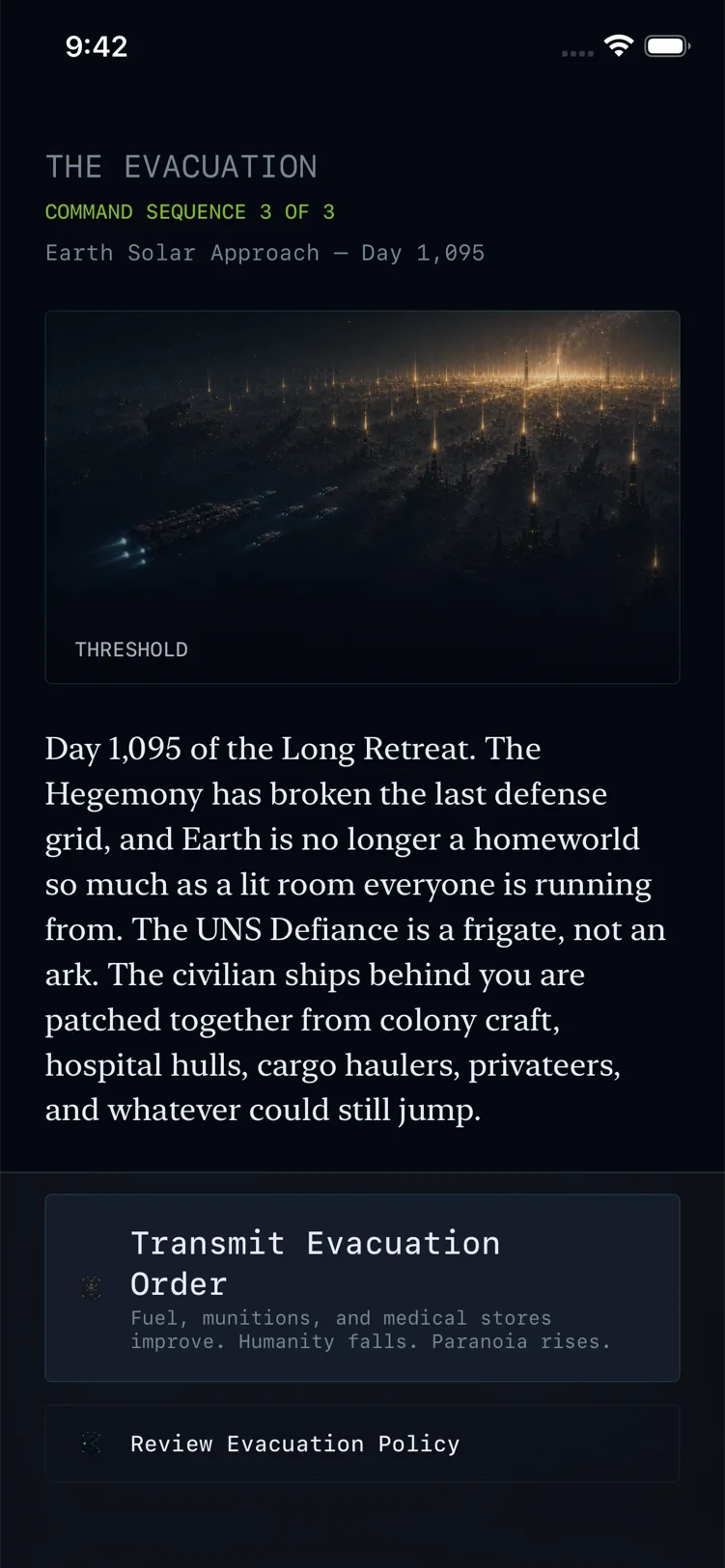 The Long Retreat — opening "Threshold" cinematic for the evacuation, with a glowing departure city under hegemony bombardment.