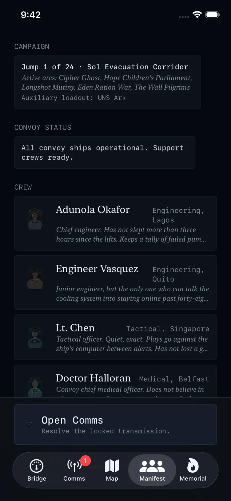 The Long Retreat — convoy manifest with active arcs, convoy status, and the named bridge crew.