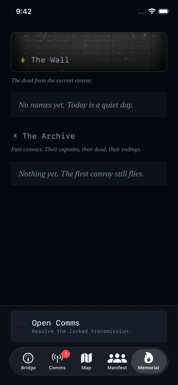 The Long Retreat — Memorial wall and Archive of past convoys, listing the dead from the current run and prior captains.