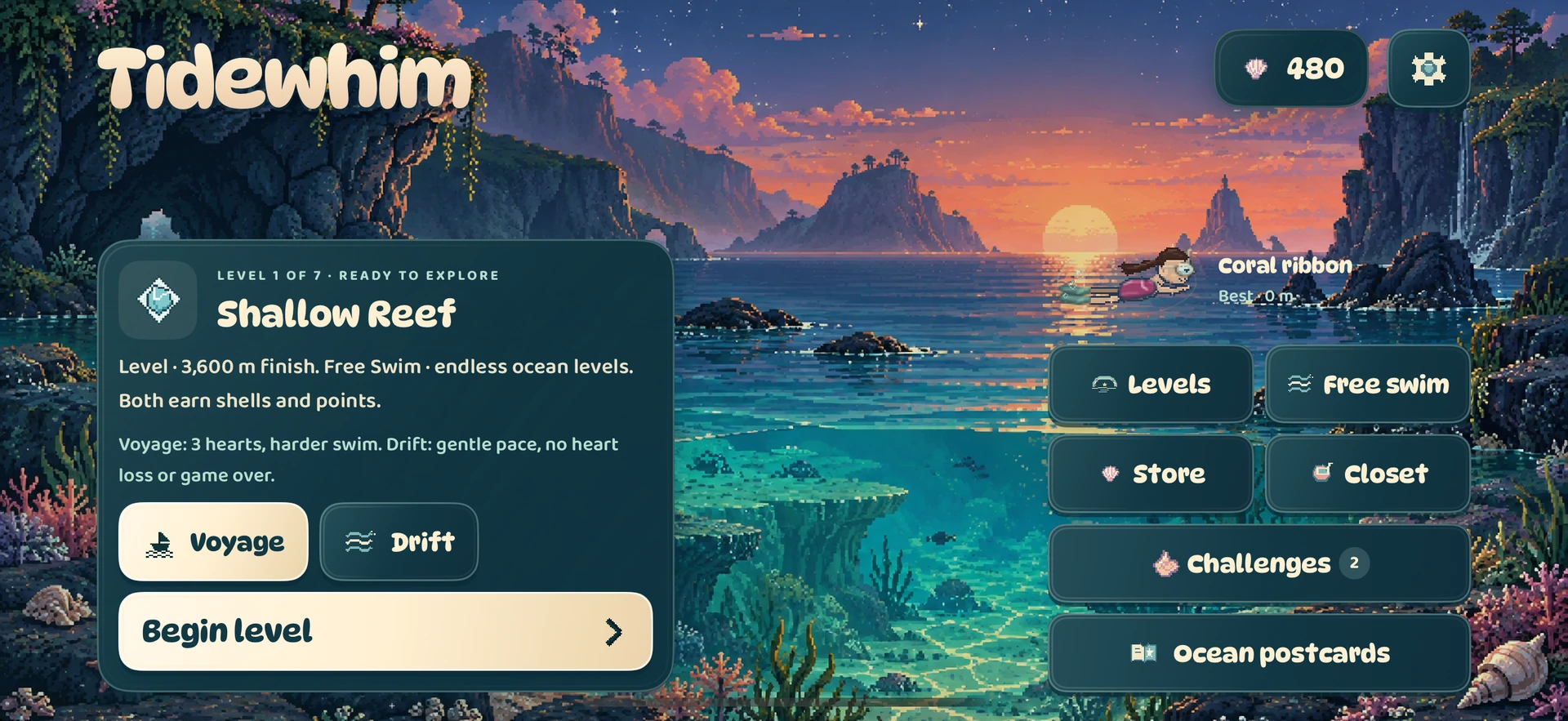 Tidewhim’s sunset Shore menu explains selected levels and Free Swim, with separate Voyage and Drift difficulty choices.