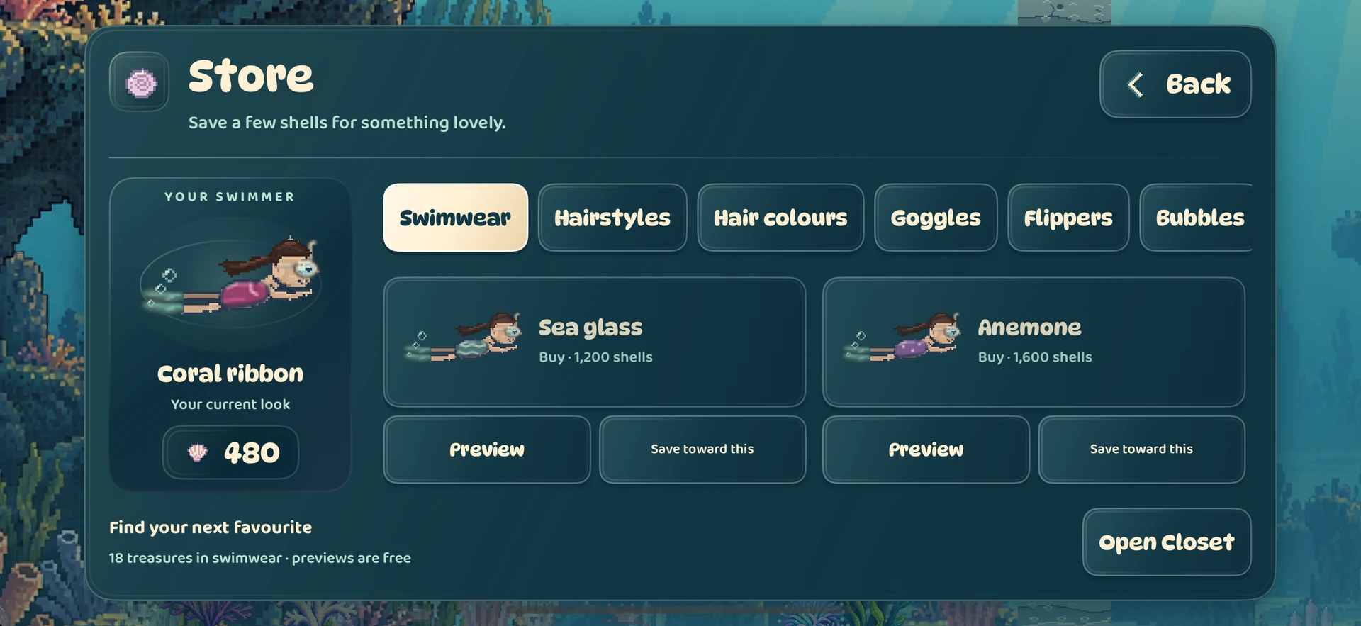 Tidewhim’s Store shows an illuminated swimmer preview, swimsuit cards and separate preview and purchase controls, with an Open Closet action.