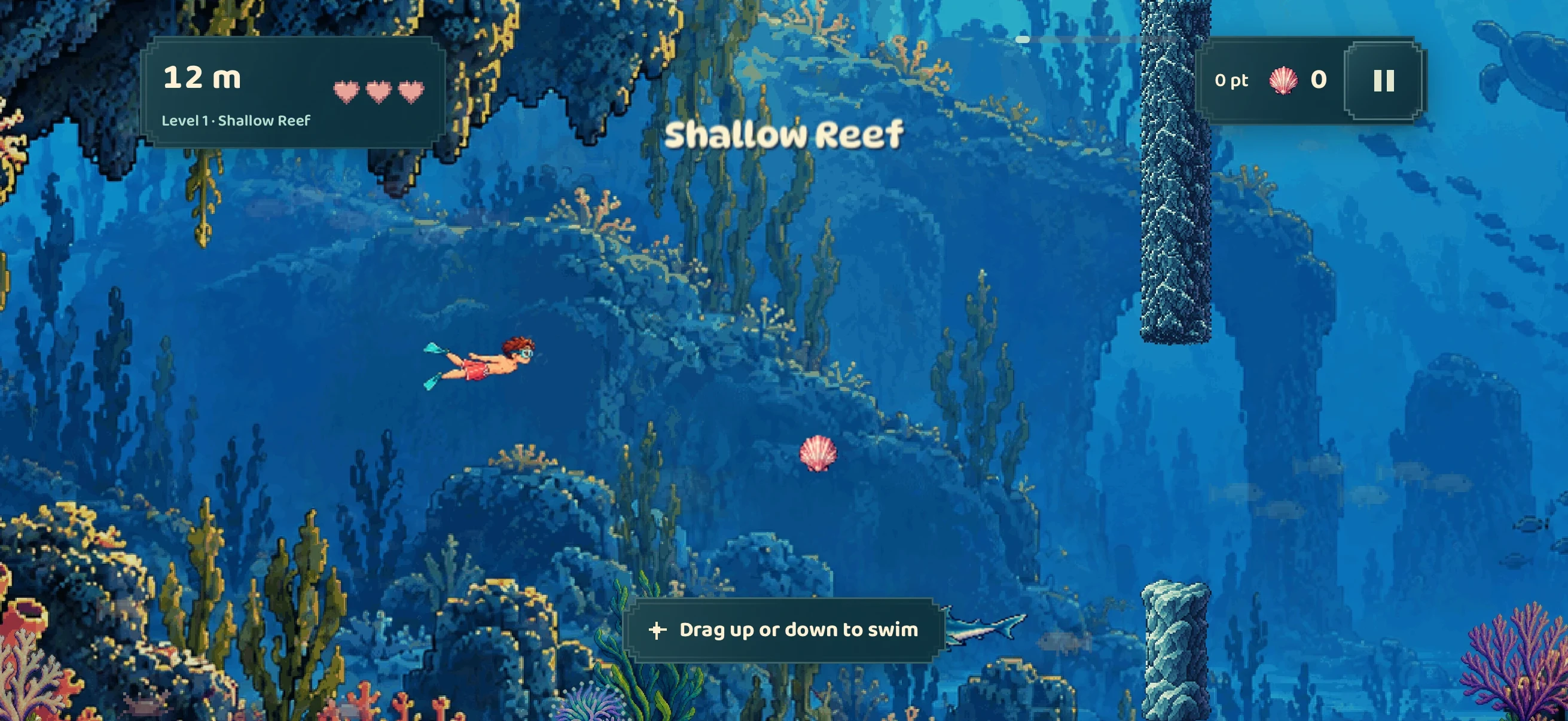 The new boy swimmer travels through Tidewhim’s blue Shallow Reef, with pixel-art coral, fish and a shell ahead.