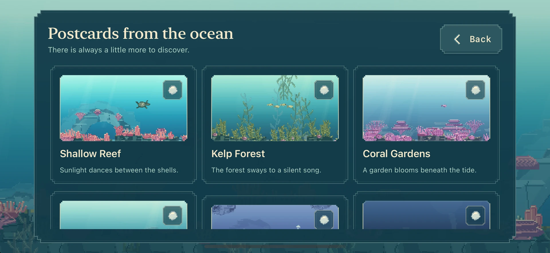 Tidewhim ocean album showing scenic postcards for the reef, kelp forest and coral gardens.