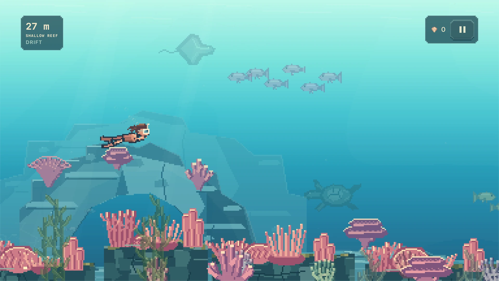 Tidewhim native Shallow Reef scene with a swimmer, coral arches, fish schools and layered turquoise water.