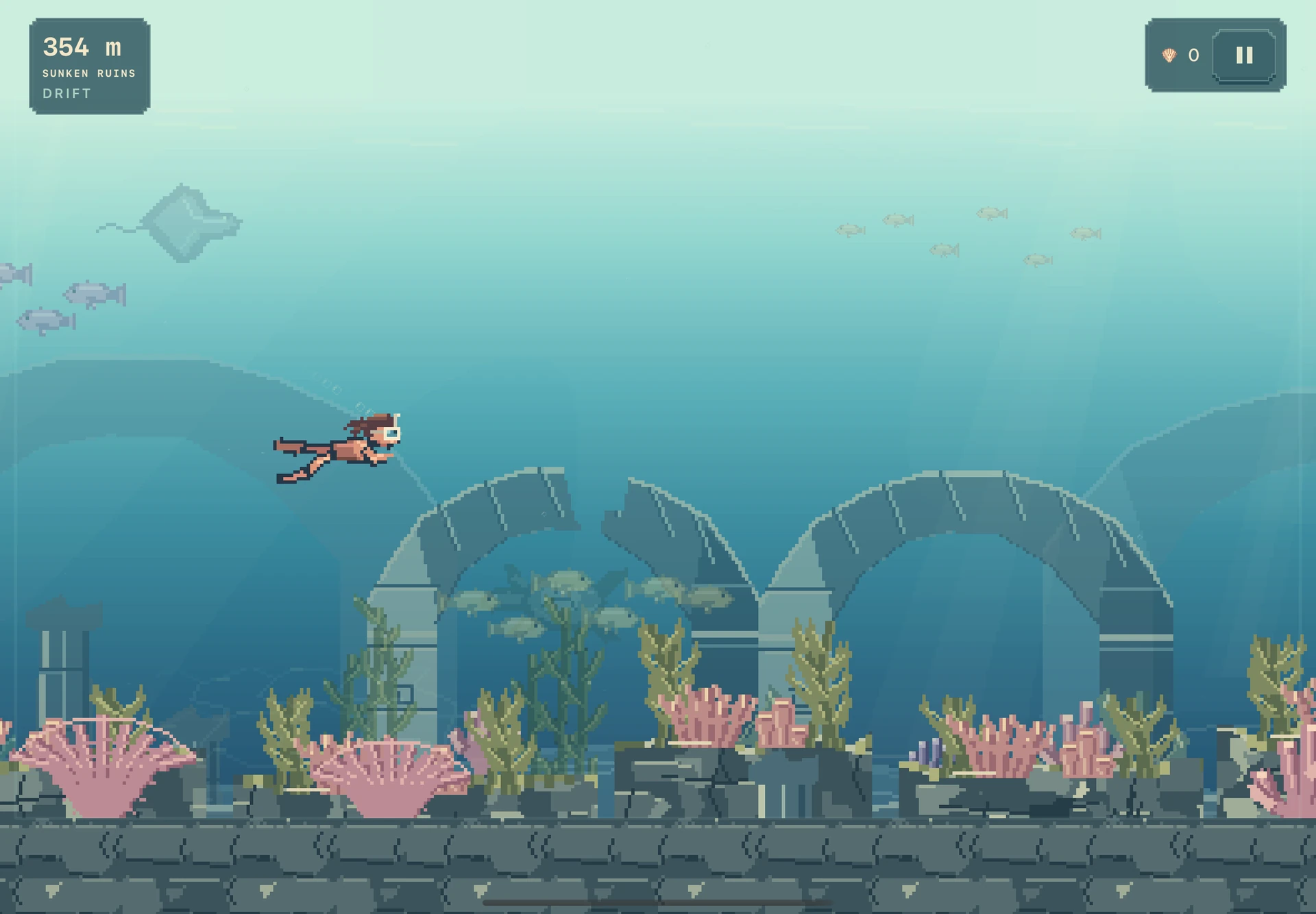 Tidewhim Sunken Ruins scene on iPad with submerged stone arcades, coral and a swimming character.