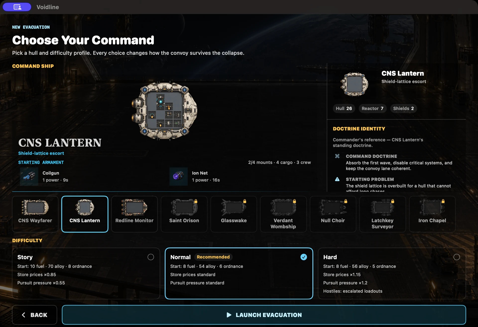 Choosing a ship and its starting approach in the Mac hangar.