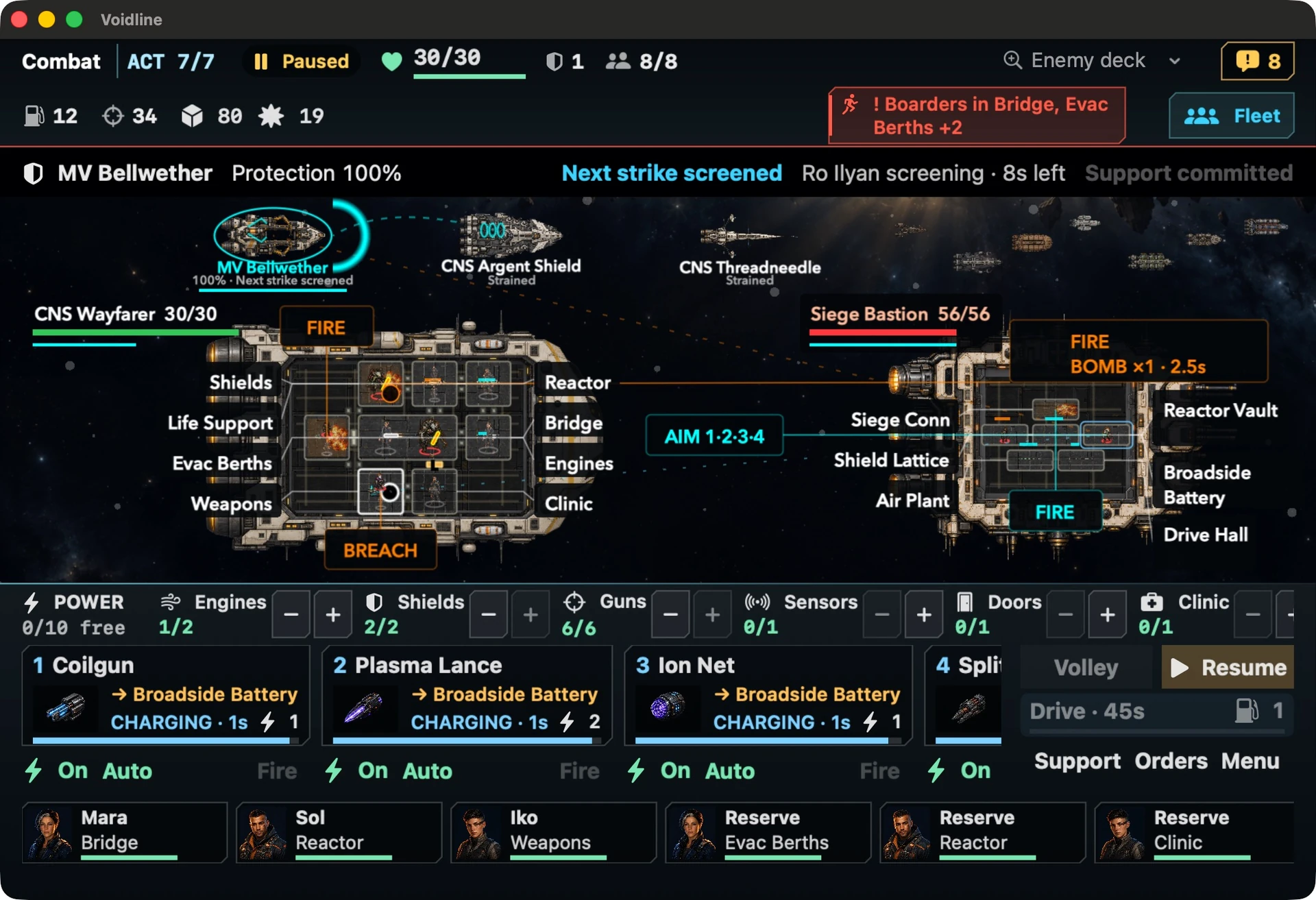 Voidline’s paused Act 7 combat with Bellwether screening the next attack and the command ship under pressure from boarders and fire.