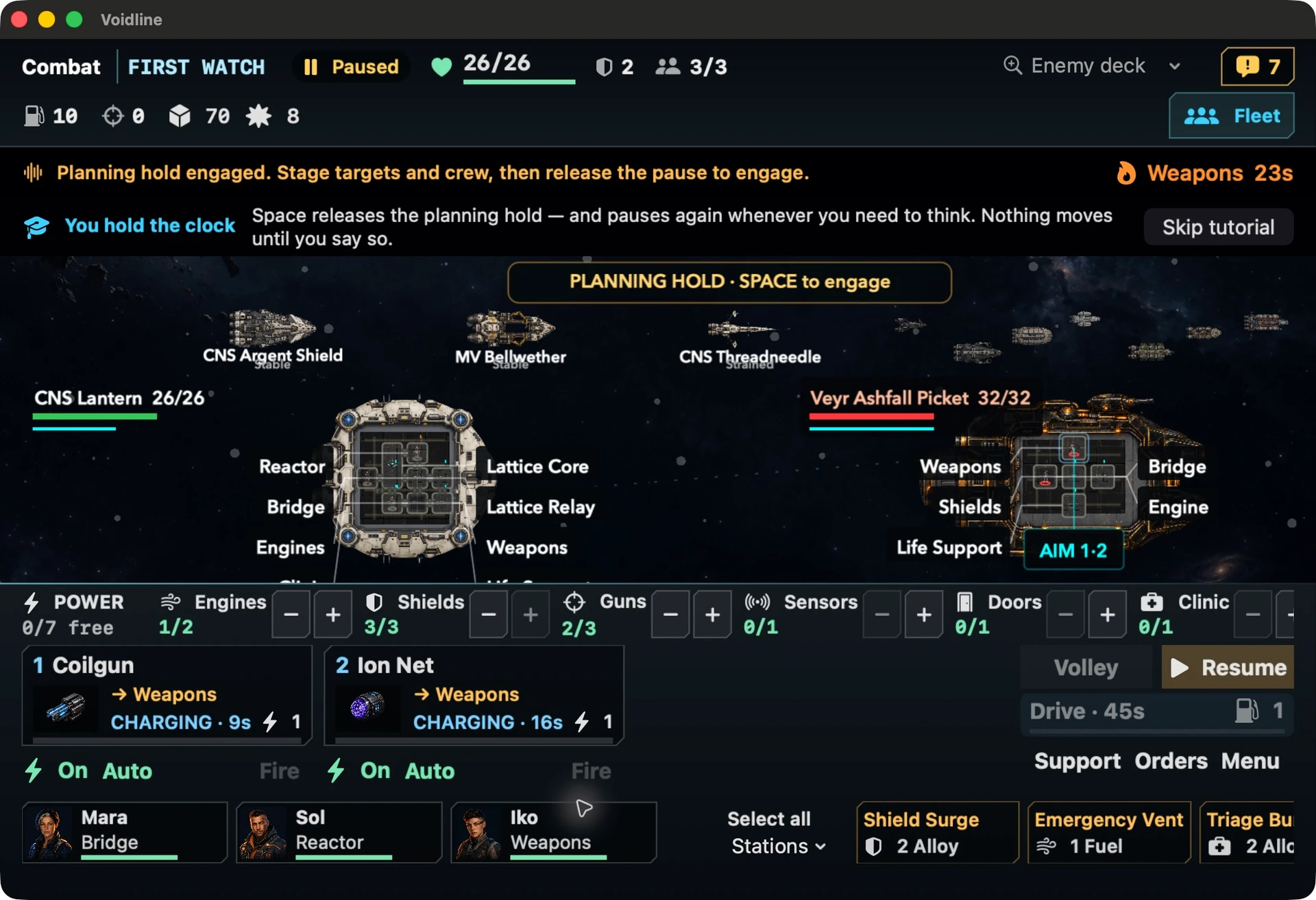 Voidline’s First Watch development demo, paused during the opening tutorial aboard the CNS Lantern.