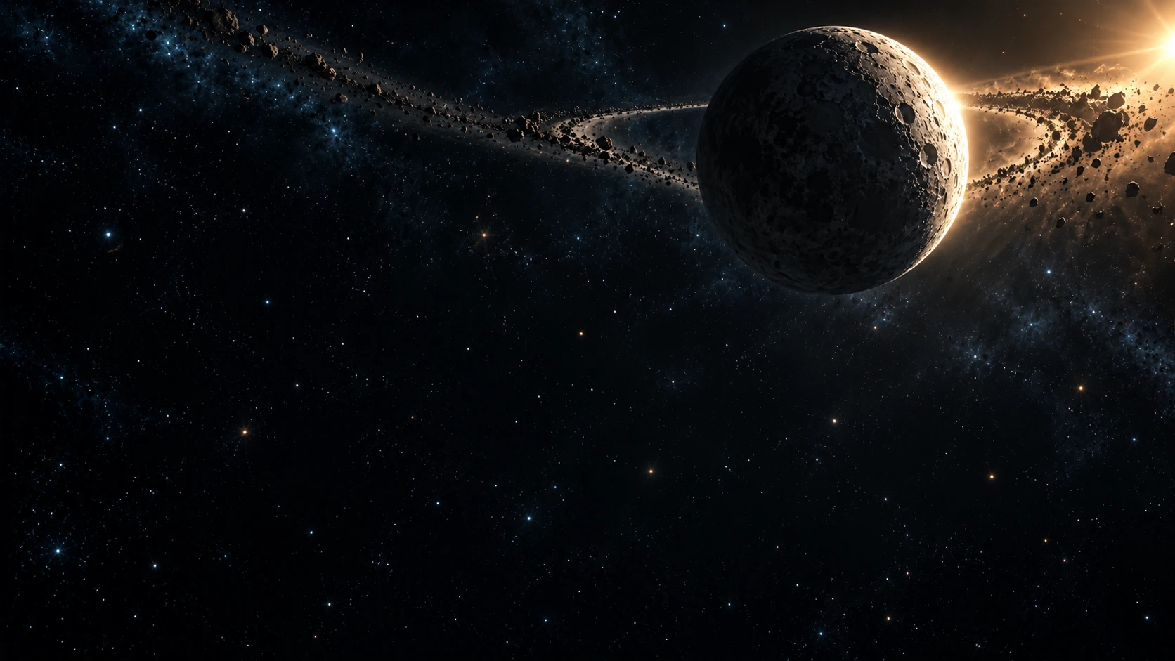 The rendezvous moon environment painting, with a sunlit cratered moon and an arc of scattered asteroids.