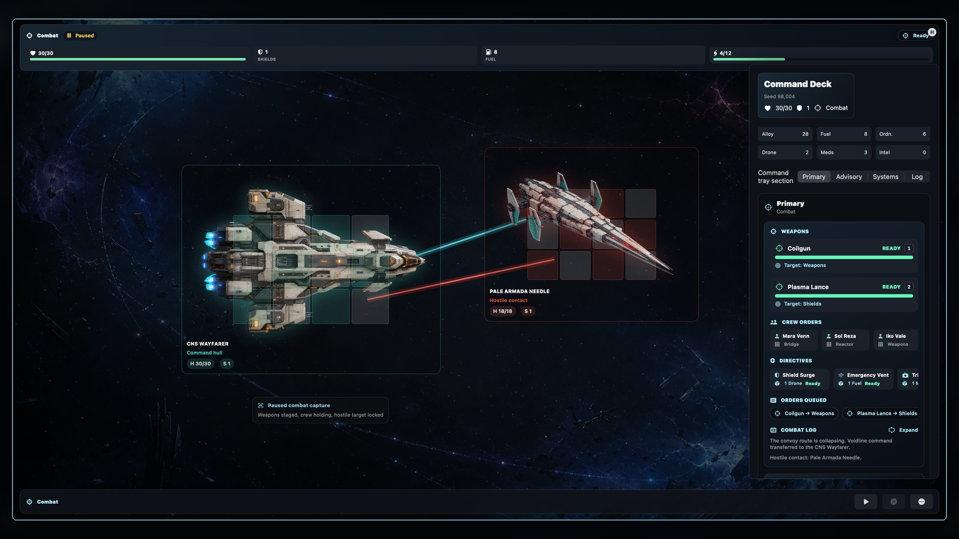 Voidline Steam combat gameplay and command UI.