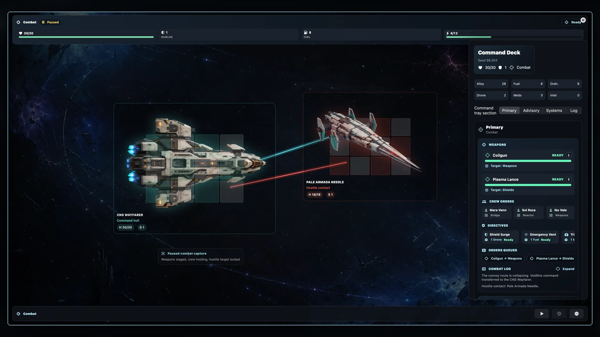 Voidline Steam combat gameplay and command UI.